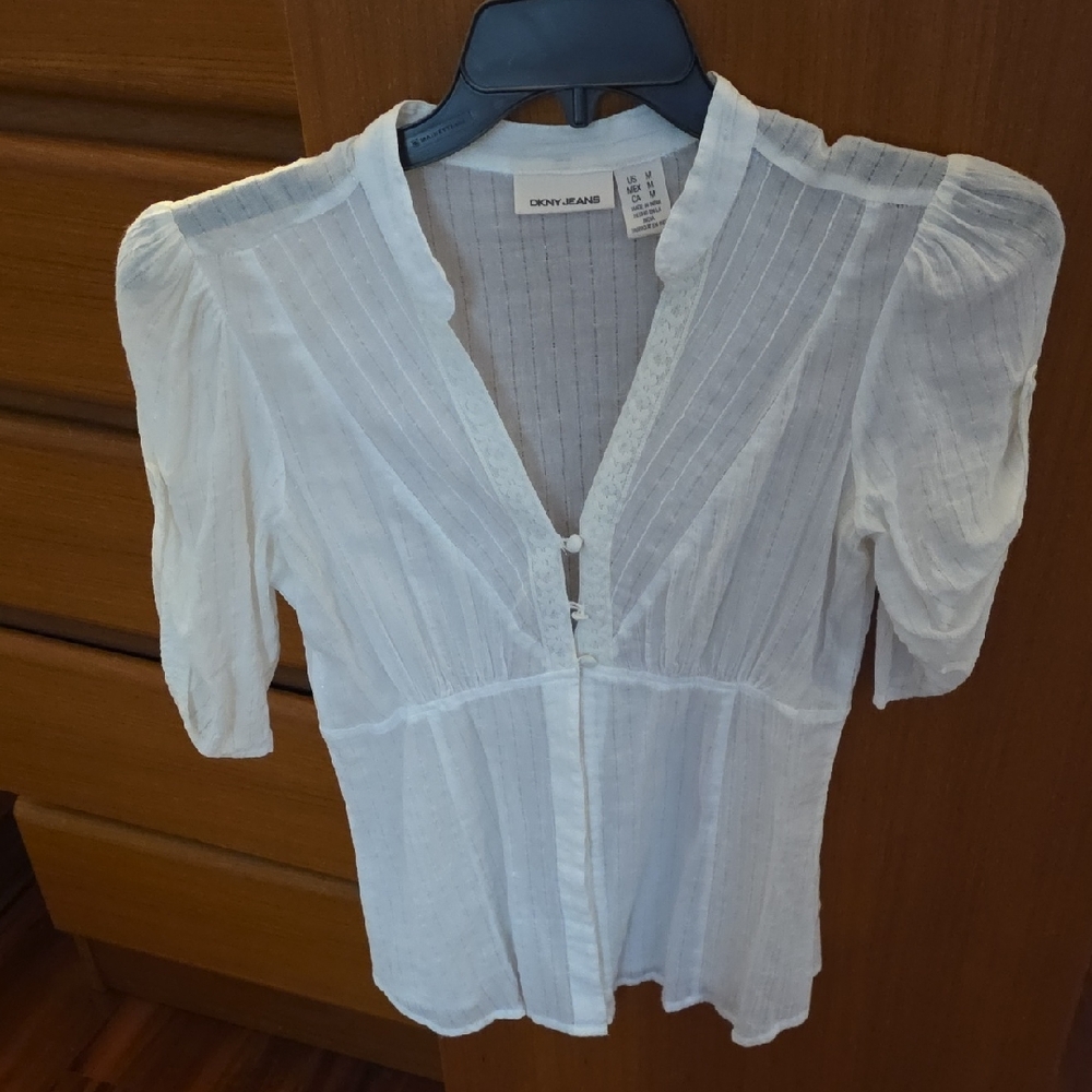DKNY White Pleated Blouse with Puff Sleeves